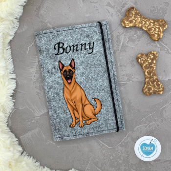 Designbeispiel der Impfpasshülle grau meliert für die Hunderasse Malinois rotbraun